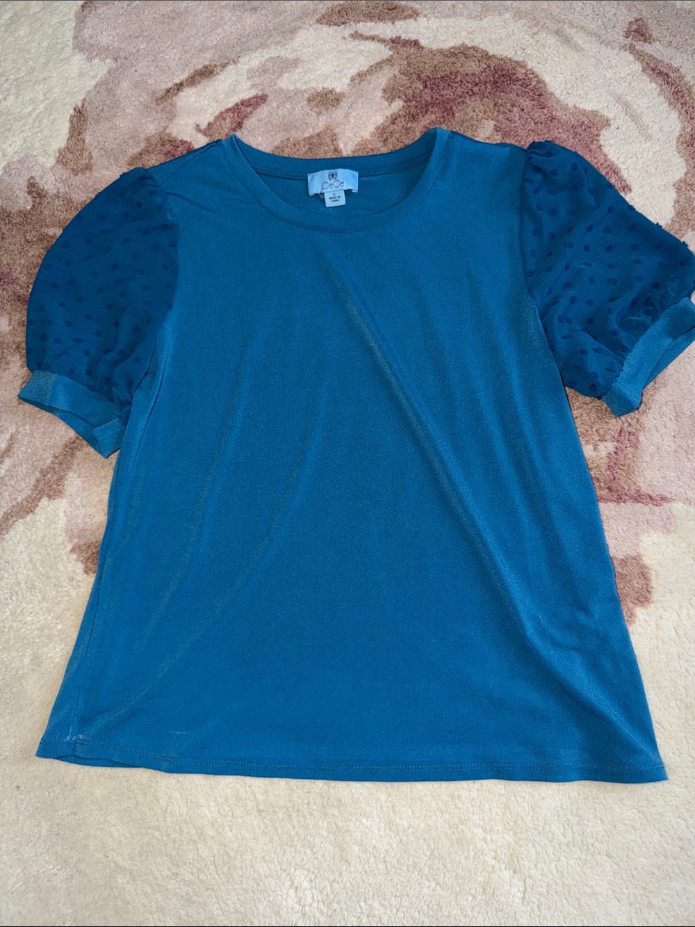 CeCe Sapphire Sky Puff Sleeve Mixed Media Top - Picture 2 of 6